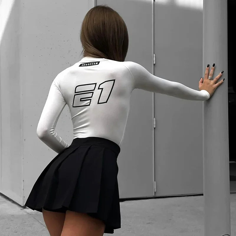 Moto Biker Printed Cyber Y2k White T-shirts Techwear Skinny Long Sleeve Crop Tops Gothic Punk Fashion Streetwear