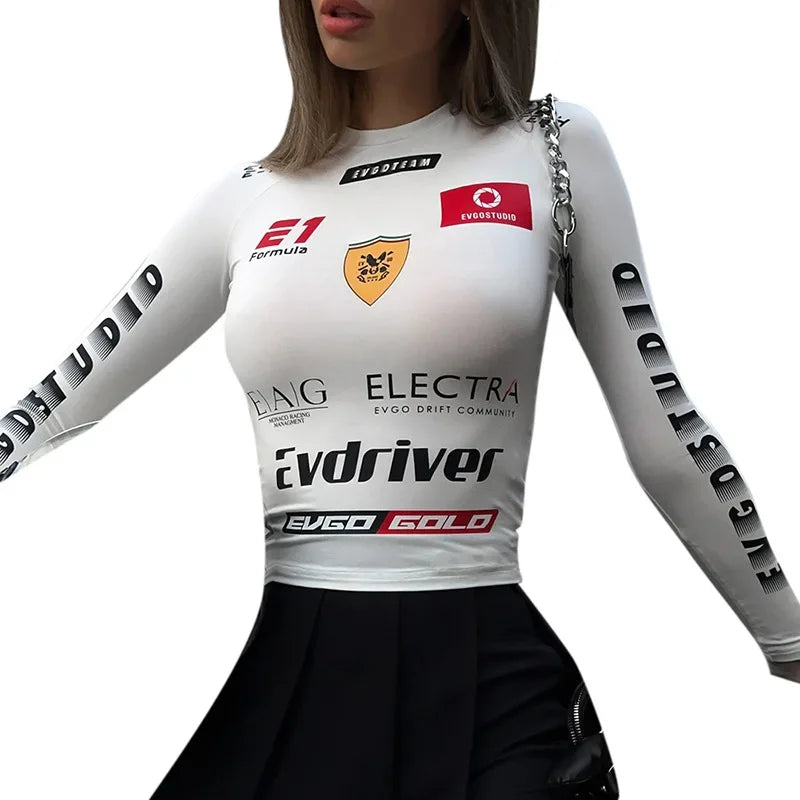 Moto Biker Printed Cyber Y2k White T-shirts Techwear Skinny Long Sleeve Crop Tops Gothic Punk Fashion Streetwear