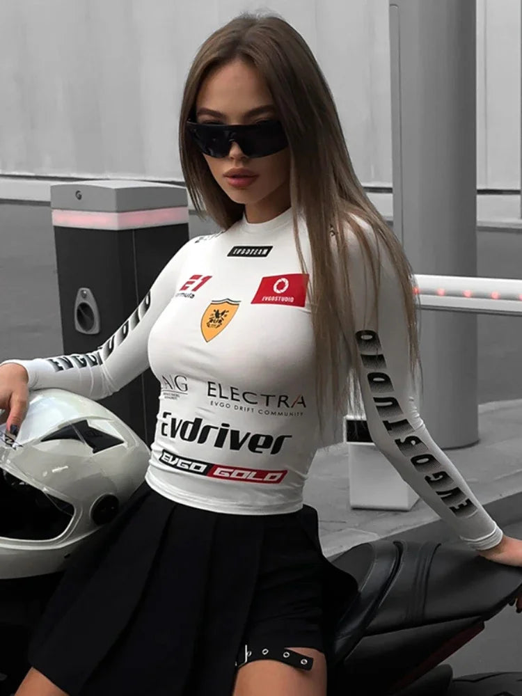 Moto Biker Printed Cyber Y2k White T-shirts Techwear Skinny Long Sleeve Crop Tops Gothic Punk Fashion Streetwear