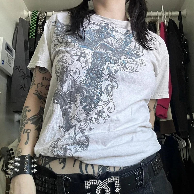 2000s Retro Grunge T-shirt Y2K Cyber Skull Tees